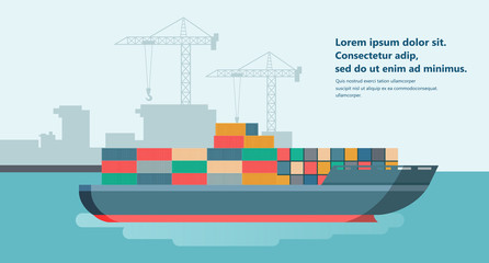 Container ship at freight port terminal Unloading. Merchant Marine. Flat vector illustration