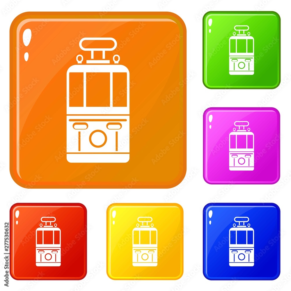 Poster tram front view icons set collection vector 6 color isolated on white background