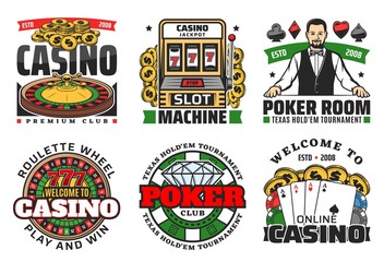 Casino gambling games. Roulette, poker cards, dice