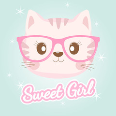 Lovely baby cat face in pink glasses.