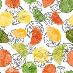 Vector aquarelle agrumes sans soudure de fond avec des tranches d& 39 oranges, de limes et de citrons sur des tranches d& 39 art en ligne noire.