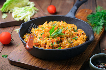 Cabbage with Wild Rice in a Skillet, Vegetarian Food