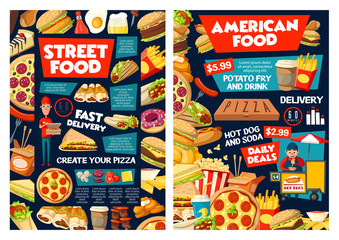 Fast food burger, pizza, hot dog, fries and soda