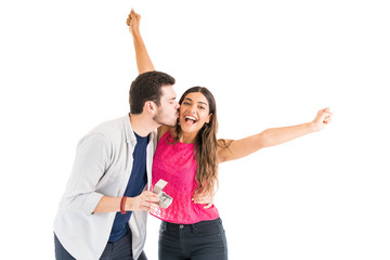 Cheerful Woman Accepting Proposal From Boyfriend In Studio