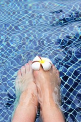 swimming pool poolside feet with frangipani flower spa background with copy space 