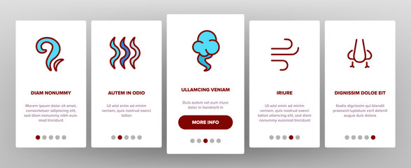 Odor, Smoke, Smell Vector Onboarding Mobile App Page Screen. Odor, Hot Cooking Steam, Wind Outline Symbols Pack. Empty Speech Bubble, Cloud. Evaporation, Fog, Aromatic Fragrance Illustrations