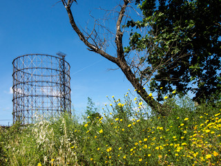 Walking along the Tiber with Gazometro view 1