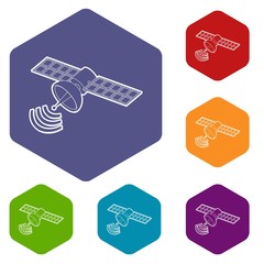 Space satellite icons vector colorful hexahedron set collection isolated on white