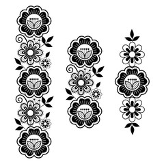 Lace vector long pattern set, vertical design with flowers and swirls, detailed lace motif in black on white background