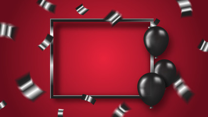 Falling black shiny confetti and balloons with frame on red background, template banner for holiday and party