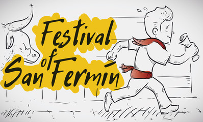 Bull in Pursuit of Runner during Festival of San Fermin, Vector Illustration