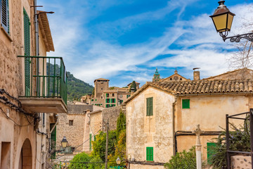 Street of Valldemossa old mediterranean village, landmark of Majorca, Spain island