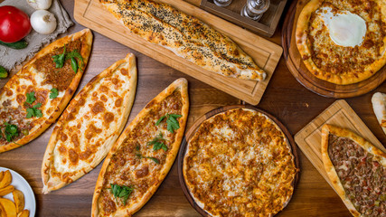Assorted Turkish foodset.  pide with meat , pide with cheese, pide mix, lachmajun