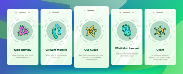 Microorganisms Cells Vector Onboarding Mobile App Page Screen. Viruses, Bacterias, Unicellular Organisms, Protozoa Linear Illustrations. Cocci And Bacillus. Infectious Agent, Bacteriophage Drawings