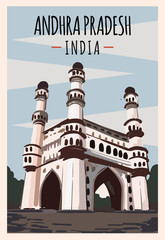 Andhra Pradesh retro poster. Andhra Pradesh travel illustration. States of India greeting card. Charminar Hyderabad.