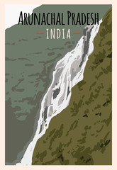 Arunachal Pradesh retro poster. Arunachal Pradesh travel illustration. States of India greeting card. Jung Falls.
