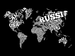 World Map in Typography word cloud, names of countries, education business concept