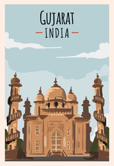 Gujarat retro poster. Gujarat travel illustration. States of India greeting card. Mahabat Maqbara.