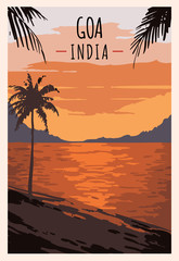 Goa beach retro poster. Goa travel illustration. States of India greeting card. - obrazy, fototapety, plakaty