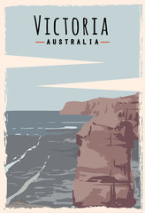 Victoria retro poster. Victoria travel illustration. States of Australia greeting card. Twelve apostles beach.q