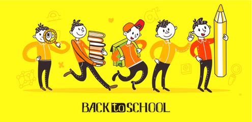 Teenager school boys set wearing casual slim fit dressing, walking and running pose, front, rear view, vector flat doodle style character illustration, isolated, yellow background. Education symbols