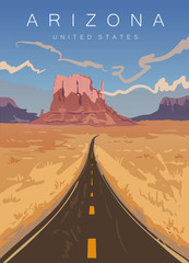 Arizona modern vector illustration. Road in the Arizona desert,United states.