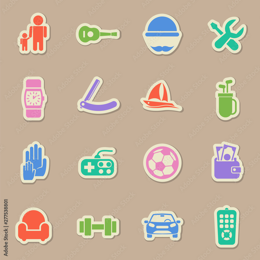 Poster father day holiday color sticker vector icons. paper labels with transparent shadow on beige background for web, mobile and user interface design