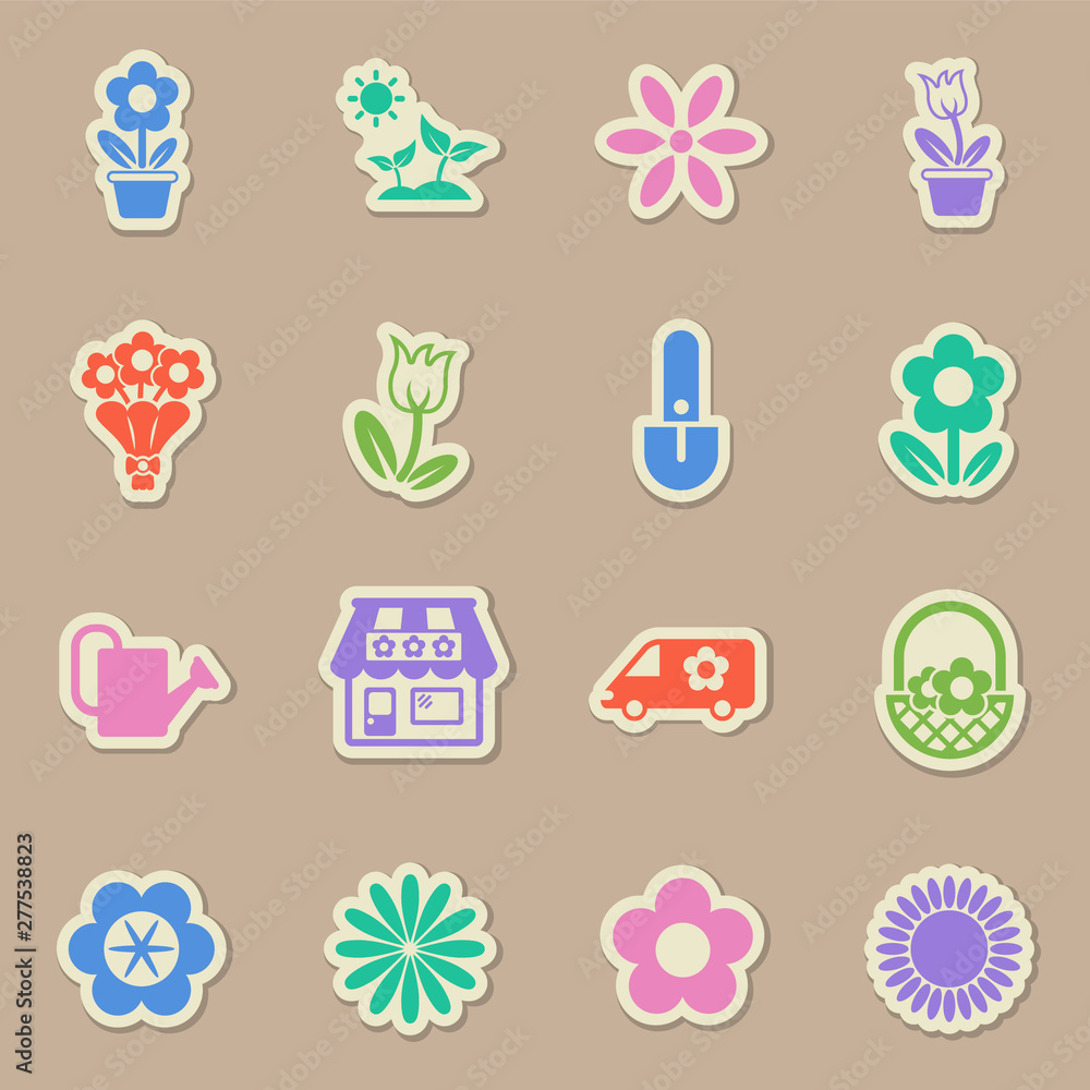 Poster flowers color sticker vector icons. flowers paper labels with transparent shadow on beige background