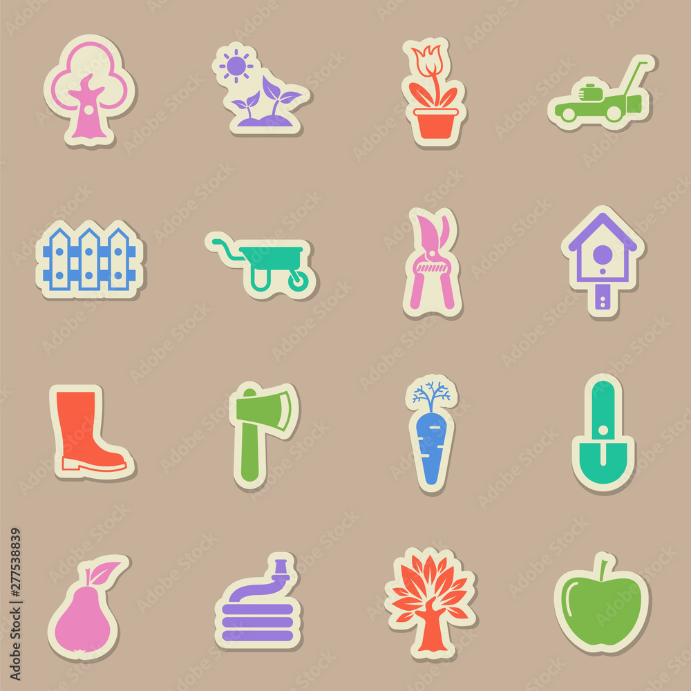 Poster garden color sticker vector icons. garden` paper labels with transparent shadow on beige background 
