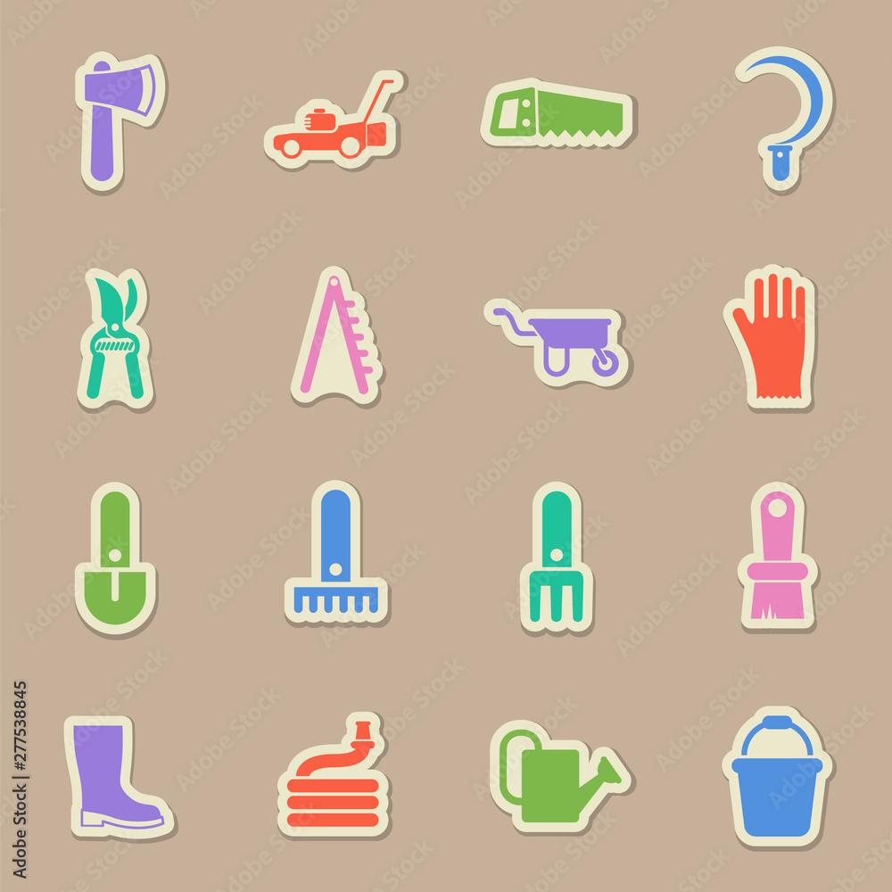 Poster garden tools color sticker vector icons. garden tools paper labels with transparent shadow on beige 