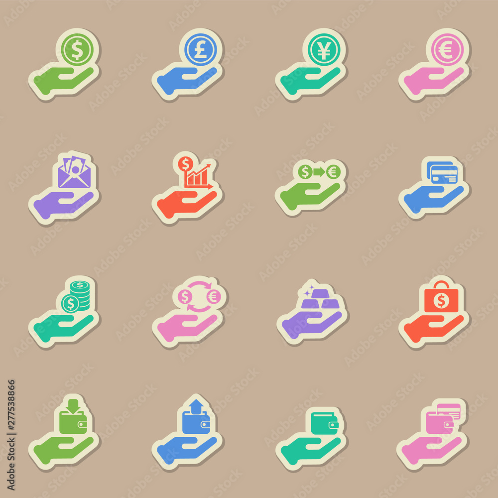 Poster hand and money color sticker vector icons. hand and money paper labels with transparent shadow on be