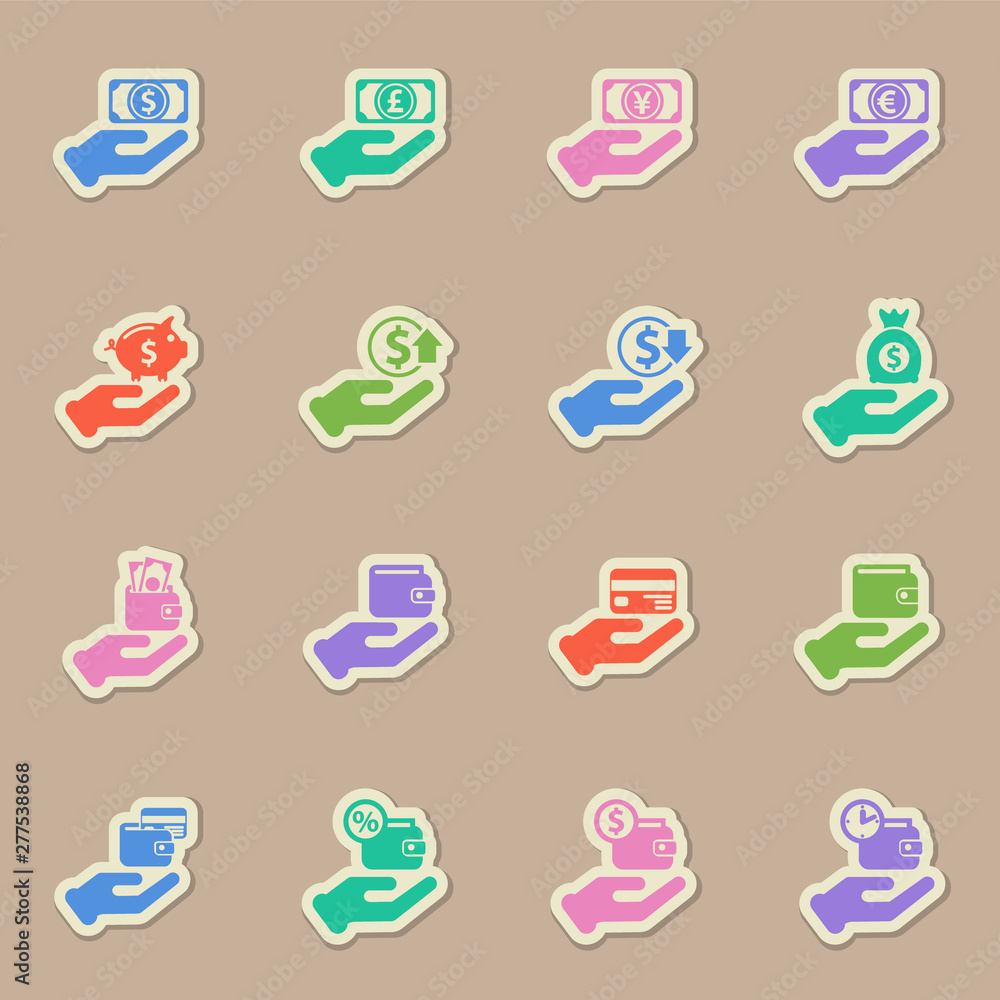Poster hand and money color sticker vector icons. hand and money paper labels with transparent shadow on be