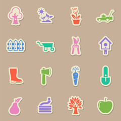 garden color sticker vector icons. garden` paper labels with transparent shadow on beige background for web, mobile and user interface design