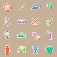 golf sport color sticker vector icons. golf paper labels with transparent shadow on beige background for web, mobile and user interface design