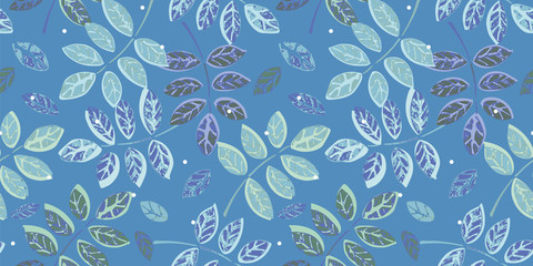 Fototapeta na wymiar Blue seamless vector repeat pattern with plant leaf and texture. Perfect for textile and paper projects. Surface pattern design.
