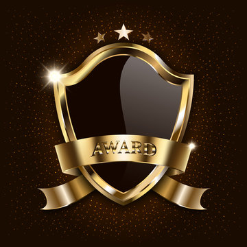 Vector award luxury black shield with golden frame and sparkling ribbon isolated on star space background. Mockup for design of winner sign, illustration, banner.