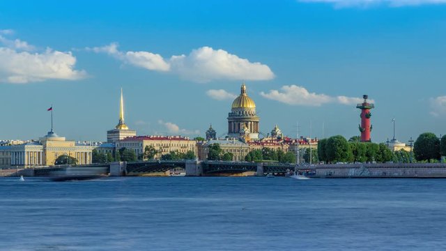 Saint Isaac's Cathedral or Isaakievskiy Sobor at Neva River, time lapse, Saint-Petersburg, Russia, 4K
