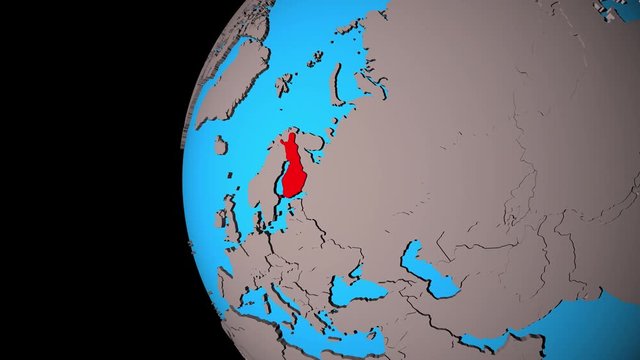 Closing in on Finland on political 3D globe. 3D illustration.
