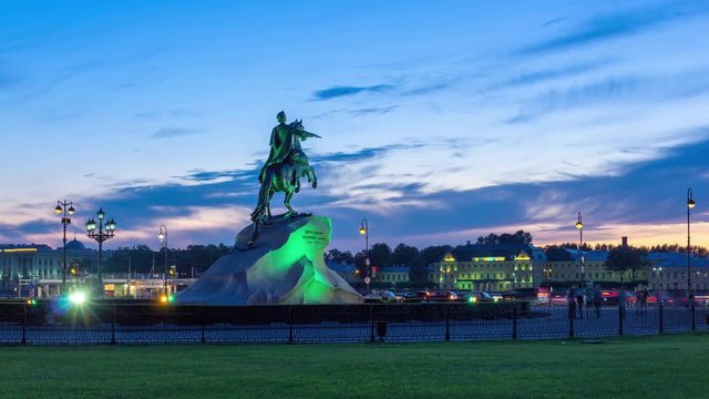 The Bronze Horseman - equestrian statue of Peter the Great in Saint-Petersburg, Russia. One of the major tourist attractions viewed at night in artificial light of street lanterns. Time lapse.