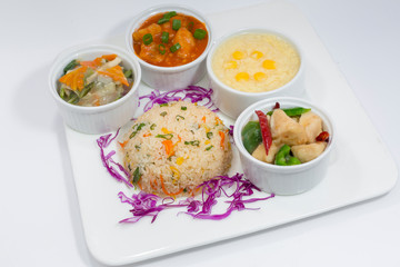 Picking Chicken, Prawn Garlic Pepper, Mixed Vegetable, Fried Rice And Thai Soup Platter.