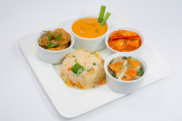 Sichuan Chicken, Sweet & Sour Fish, Mixed Vegetable, Fried Rice and corn Soup Platter.