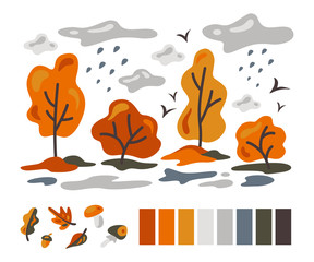 Autumn cartoon illustration. Set of elements for autumn design. Trees, clouds and rain, autumn leaves, mushrooms. Autumn color palette