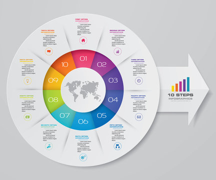 Modern 10 steps pie chart/ circle chart with arrow infographics design element. EPS 10.	