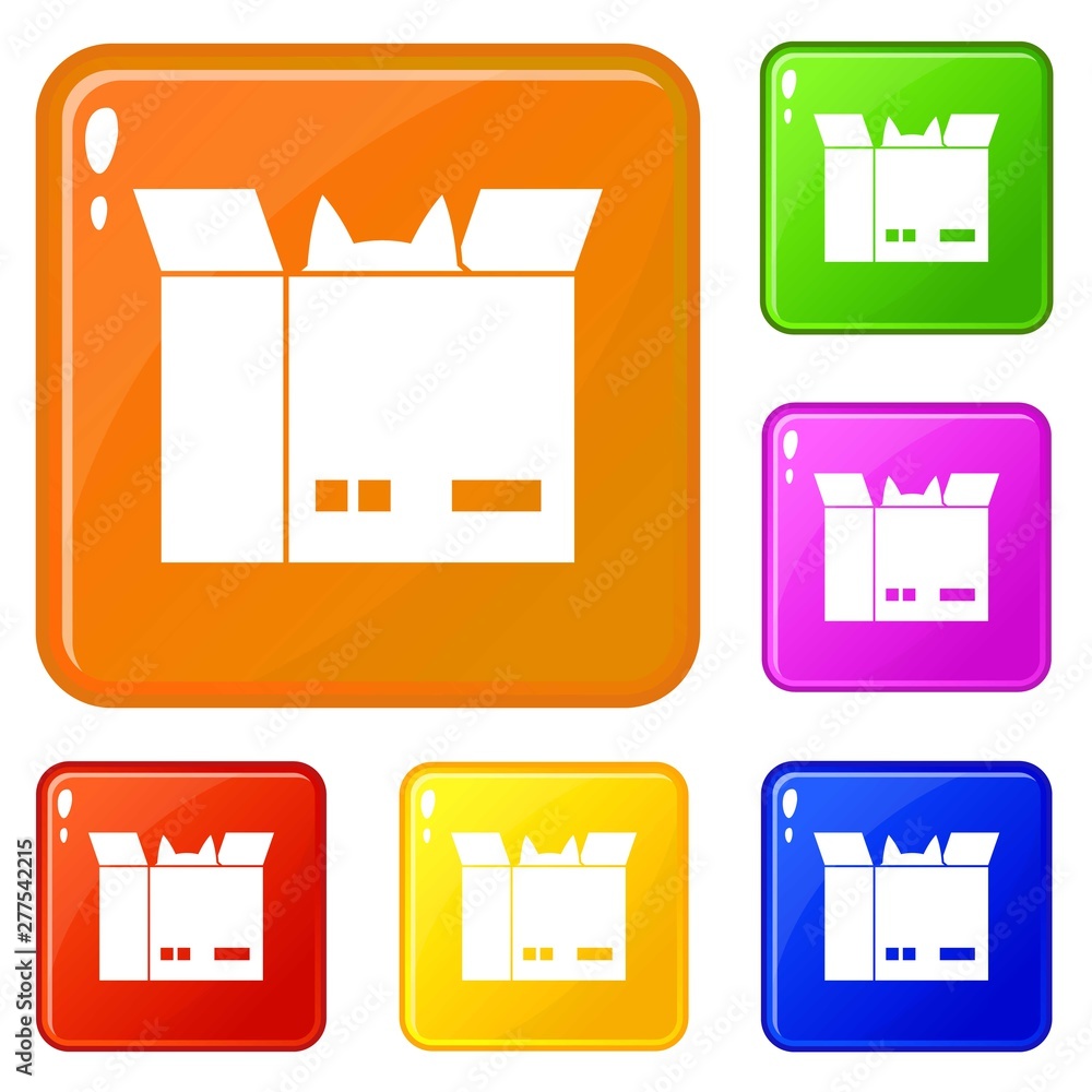 Poster cat in a cardboard box icons set collection vector 6 color isolated on white background
