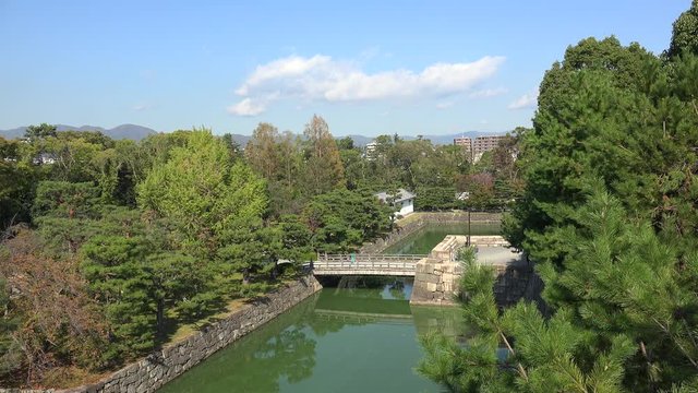 Inner fortress moat with the bridge of Nijo Castle. Kyoto, Kansai, Japan.