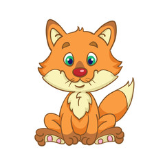 Little cute fox sitting.  In cartoon style. Isolated on white background.