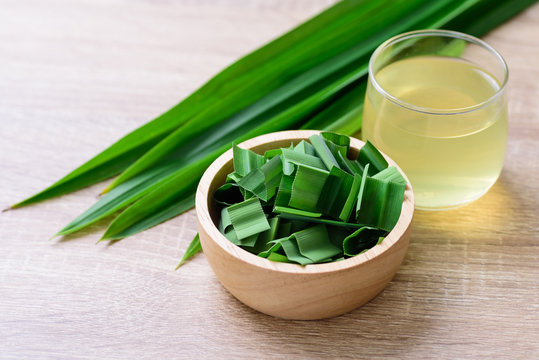 Sliced pandan leaf in a bowl and pandan drink, healthy drink in Asian