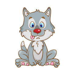 Little funny wolf sitting. In cartoon style. Isolated on white background.