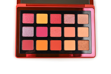 Eye shadow palette isolated on white background. Copy space.