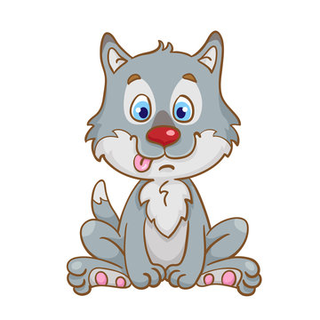 Little funny wolf sitting. In cartoon style. Isolated on white background.